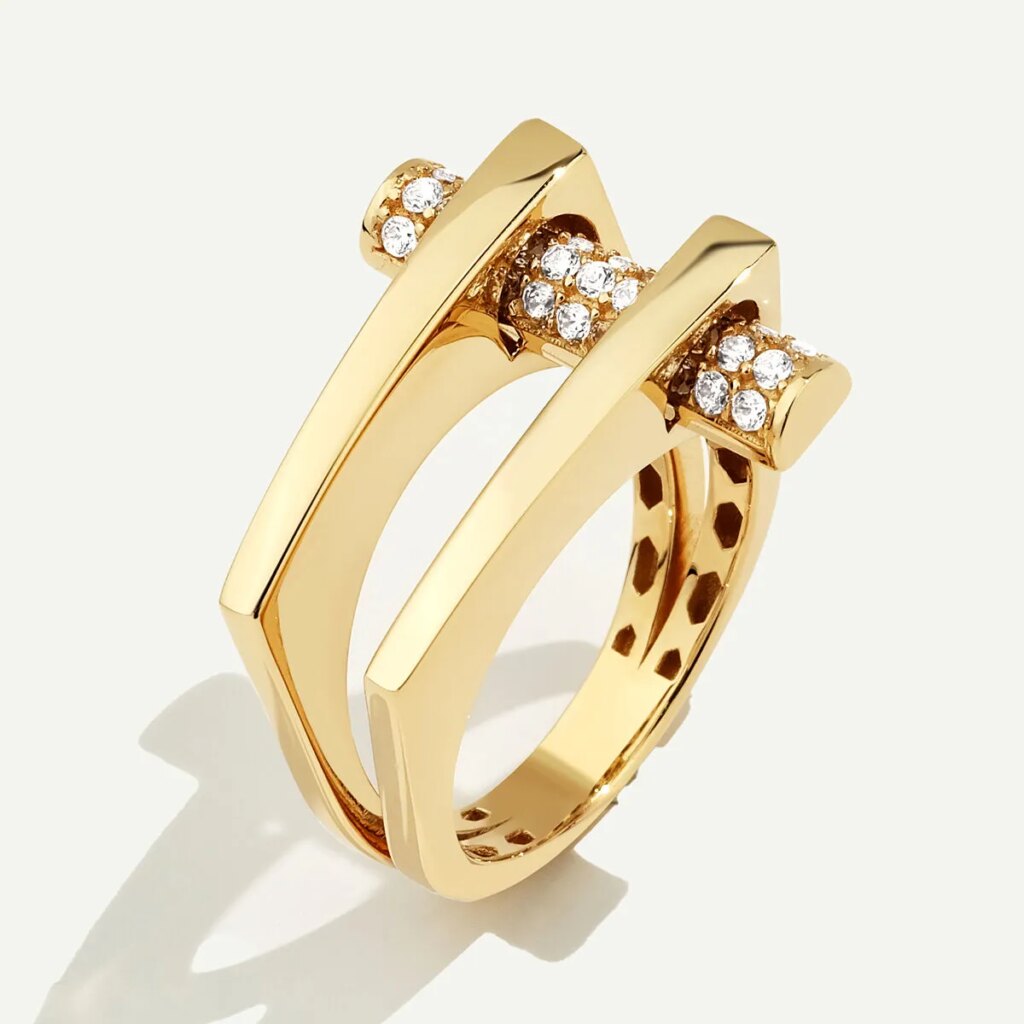 14 Ayar Altın Çift Sıra Geometrik Taşlı Yüzük