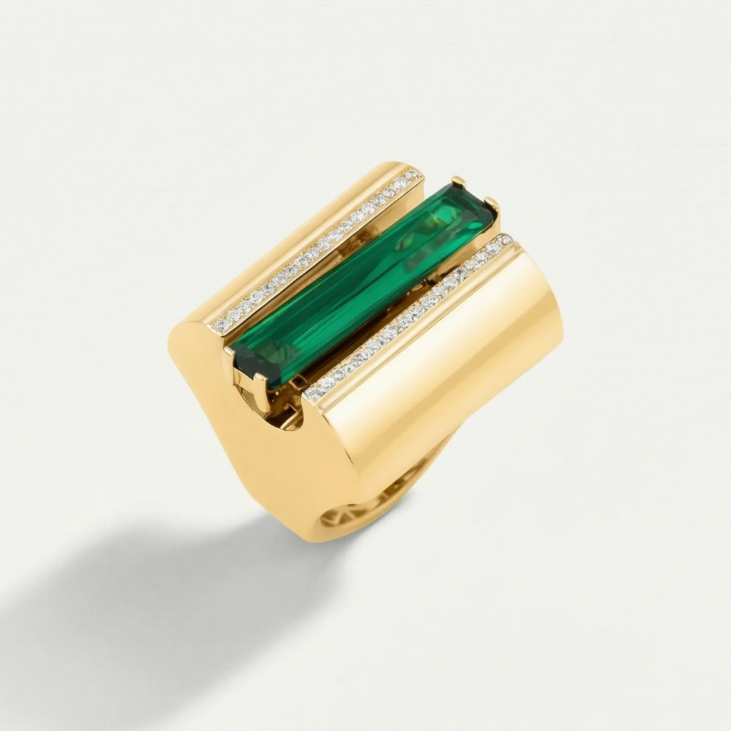 Baget 14 Ayar Altın Yeşil Taşlı Yüzük