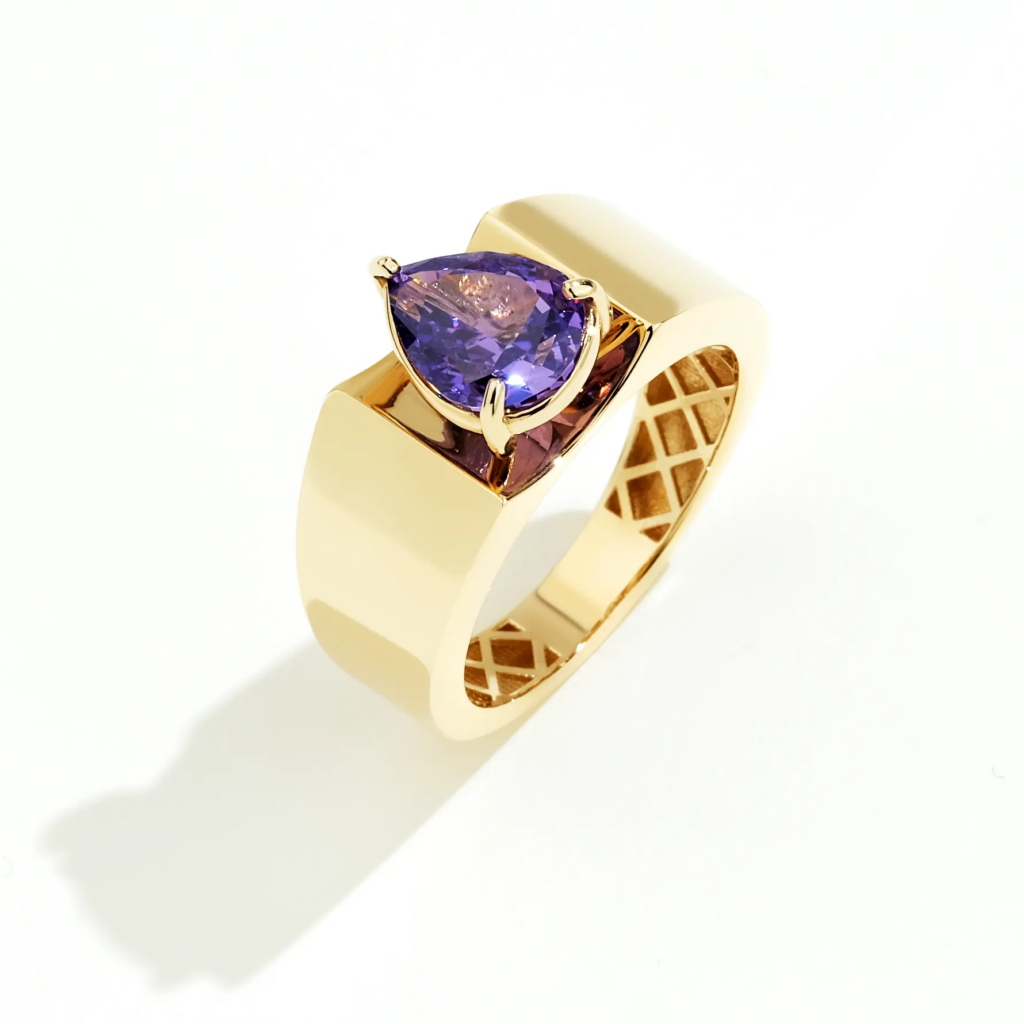 14 Ayar Altın Damla Formlu Mor Taşlı Yüzük