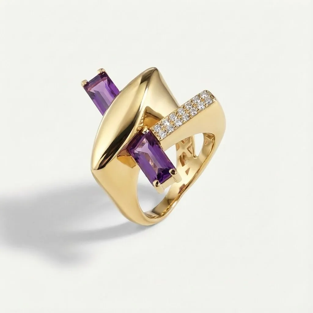 Baget 14 Ayar Altın Mor Taşlı Yüzük