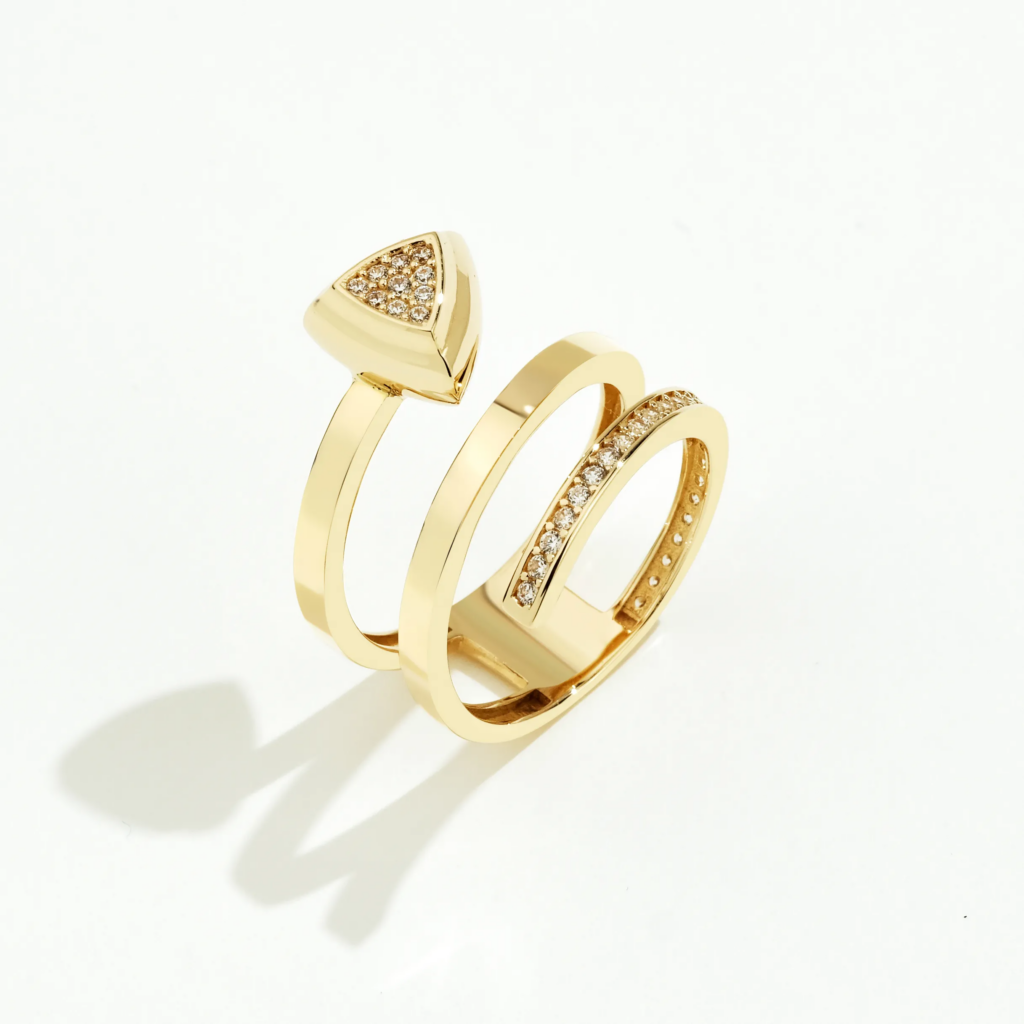 14 Ayar Altın Üçlü Görünümlü Üçgen Formlu Taşlı Yüzük