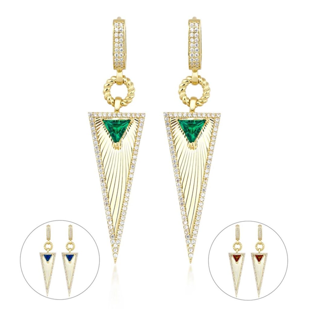 Zümrüt Taşlı Kalemli Üçgen Küpe