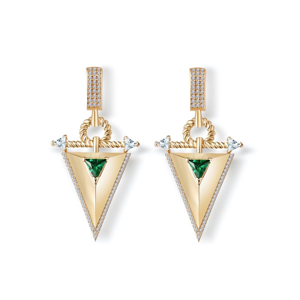 Zümrüt Taşlı Üçgen Sallantılı Altın Küpe