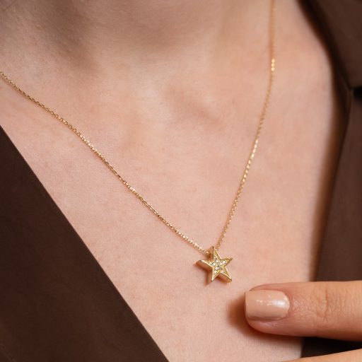 14 Ayar Altın Minimal Taşlı Yıldız Kolye